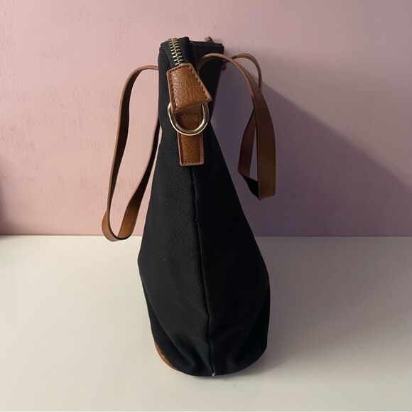 Forever 21 Black Canvas & Cognac Brown Faux Leather Tote Bag GUC - Picture 4 of 6